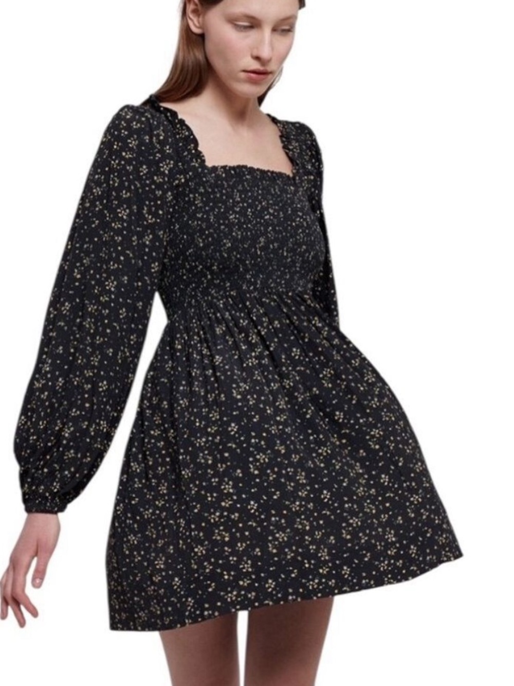 GANNI Floral Smocked Mini Dress‎ Long Balloon Puff Sleeve Black Size 6 EUC